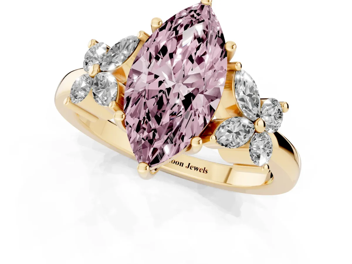 Fancy Pink Marquise Cut Diamond Floral Cluster Ring with Solitaire Band and Prong Setting Yellow gold