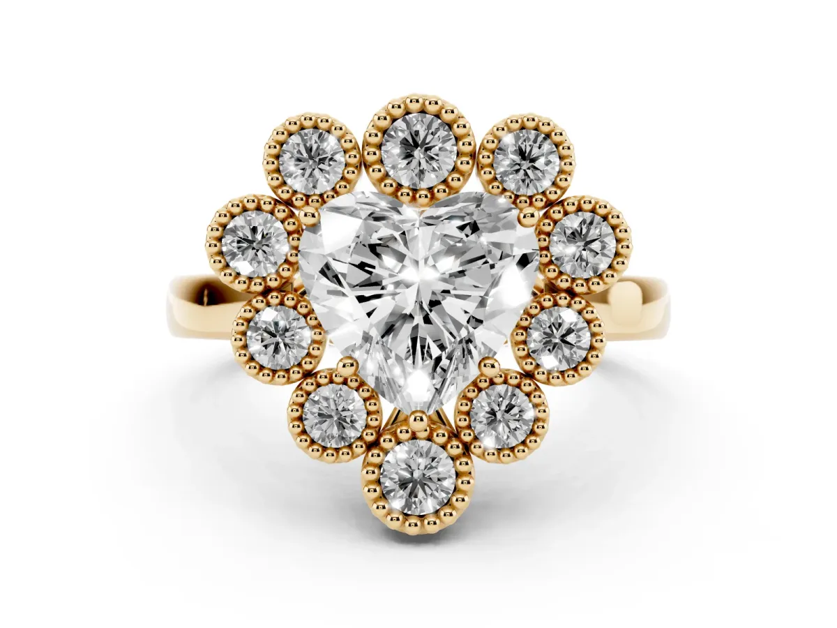 Heart Cut Halo Diamond Cluster Engagement Ring with Milgrain Bezel Setting and Solitaire Band Yellow gold
