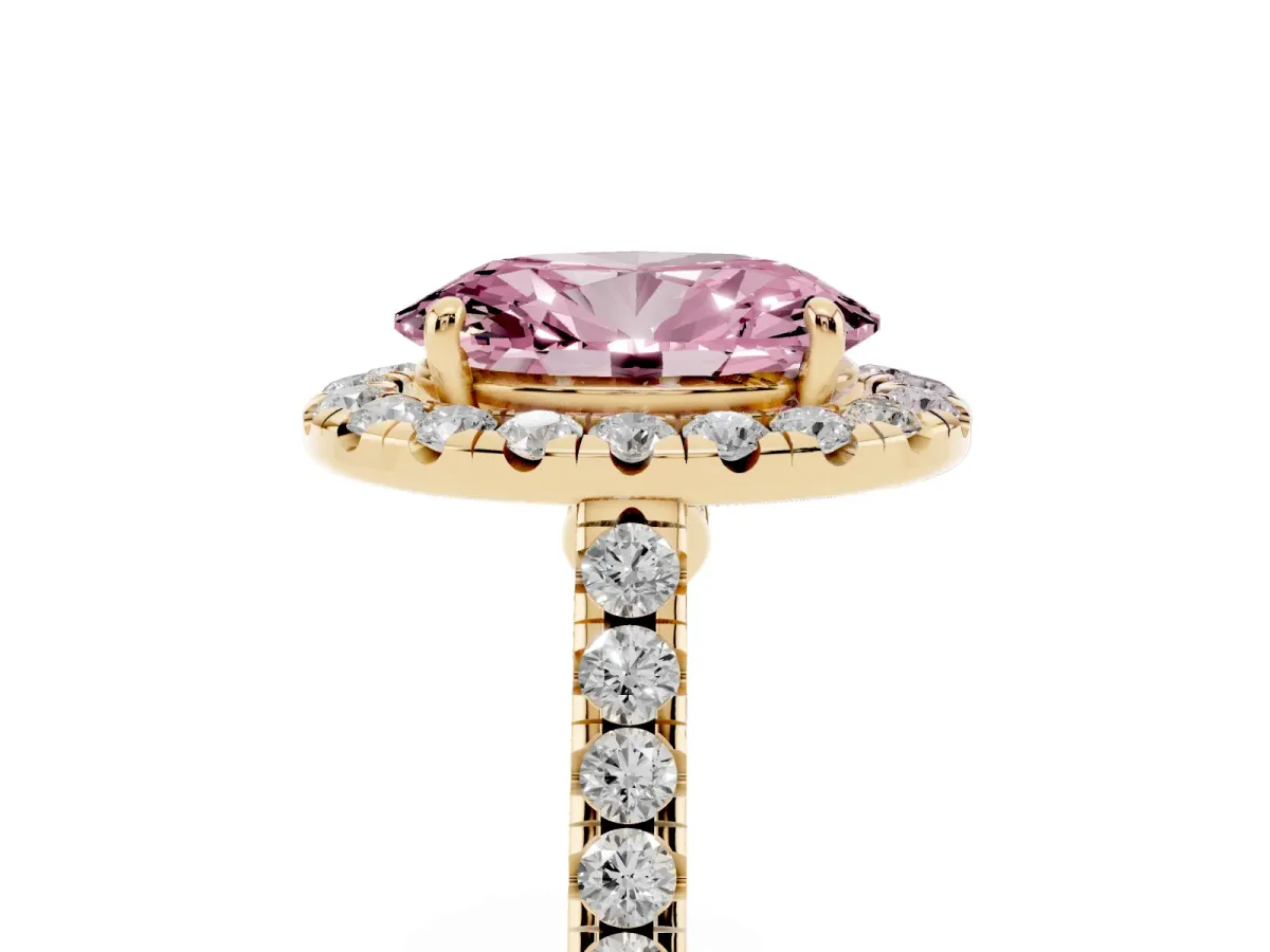 Fancy Pink Oval Cut Halo Pave Diamond Engagement Ring with Four-Prong Setting Yellow gold