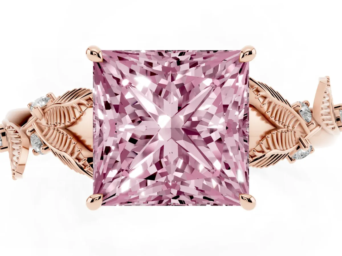 Fancy Pink Princess Cut Diamond Solitaire Ring with Leaf Motif Band and Four-Prong Setting Rose gold
