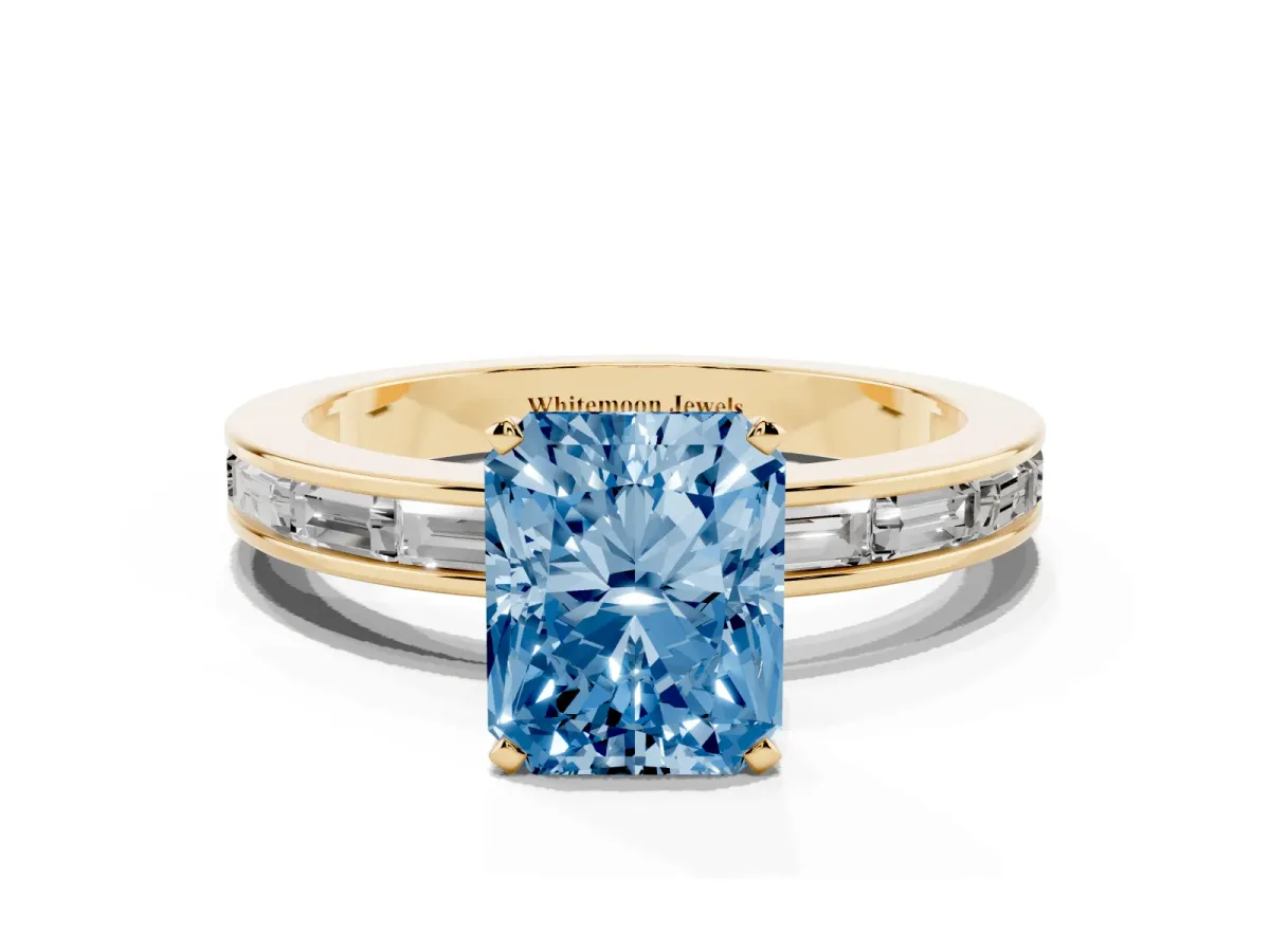 Fancy Blue Radiant Cut Solitaire Diamond Ring with Channel-Set Baguette Band and Four-Prong Setting Yellow gold