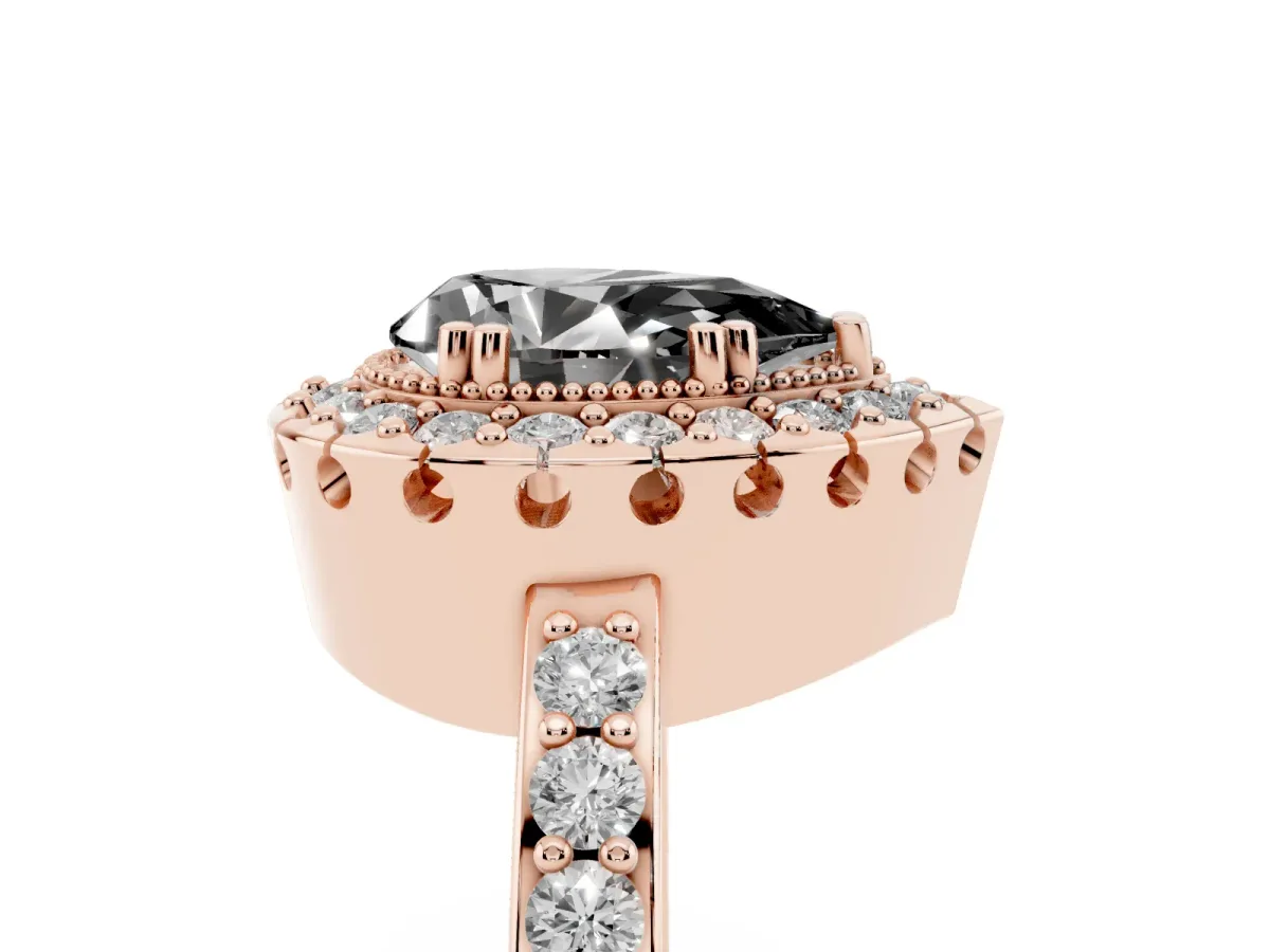 Fancy Black Pear Cut Diamond Halo Ring with Pavé Band and Prong Setting Rose gold