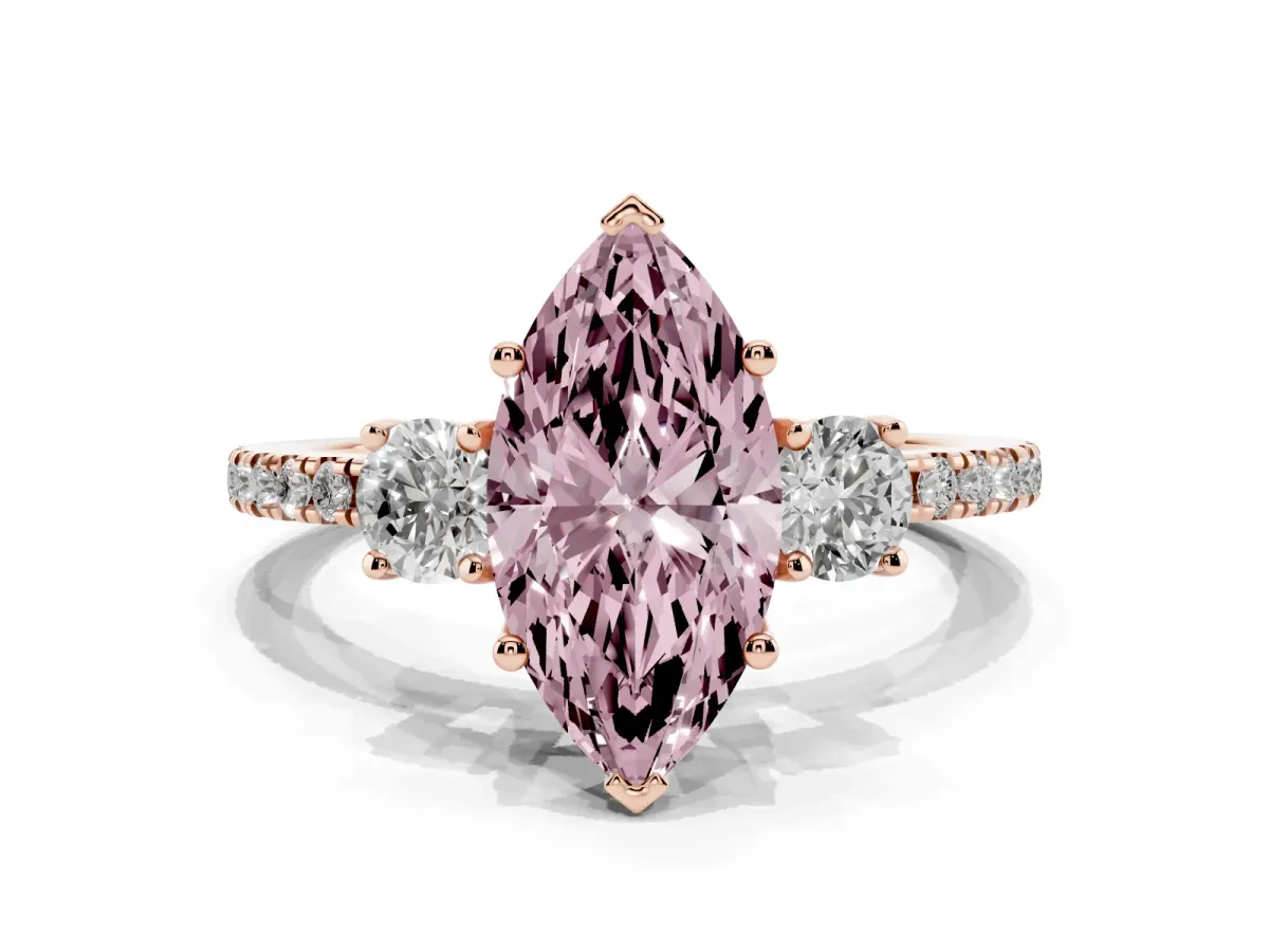 Fancy Pink Three-Stone Marquise Cut Cut Diamond Pavé Band with Prong Setting Rose gold