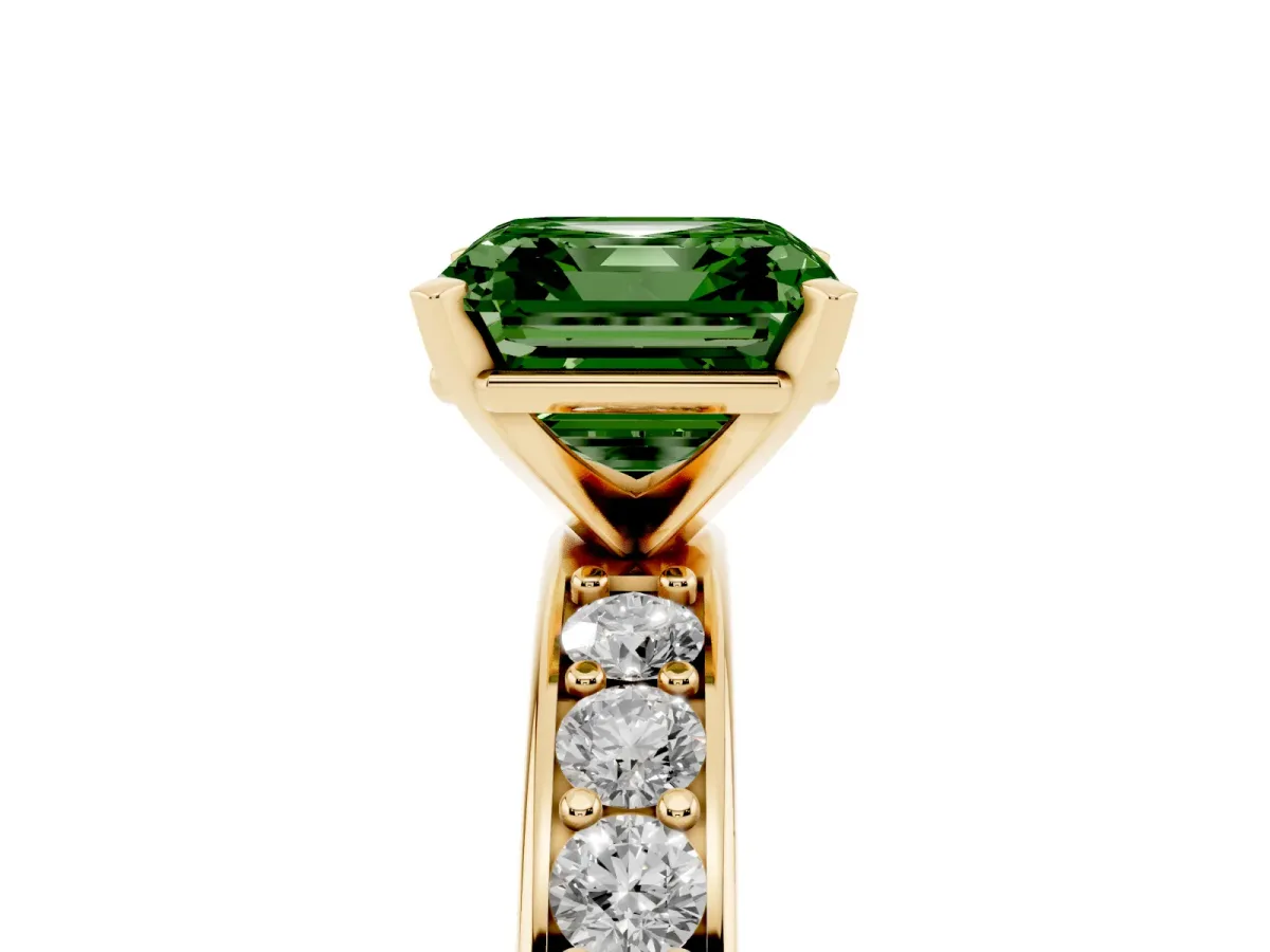 Fancy Green Asscher Cut Diamond Engagement Ring with Channel Set Round Band and Prong Setting Yellow gold
