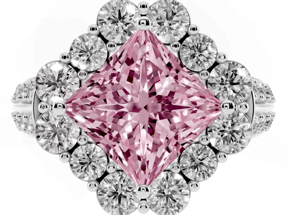 Fancy Pink Princess Cut Halo Diamond Engagement Ring with Split Shank and Prong Setting Silver