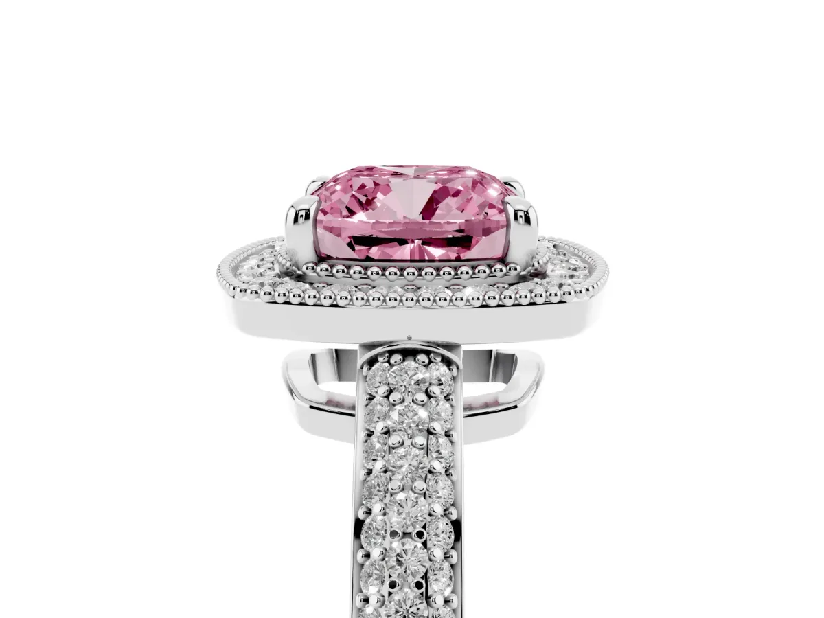 Fancy Pink Cushion Cut Cut Halo Diamond Pave Band with Four-Prong Setting Silver
