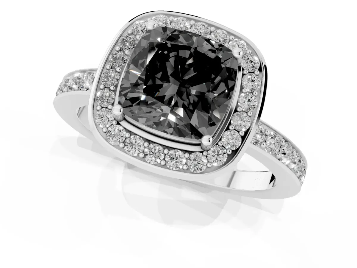 Fancy Black Cushion Cut Diamond Halo Ring with Bezel Frame and Pavé Band Silver