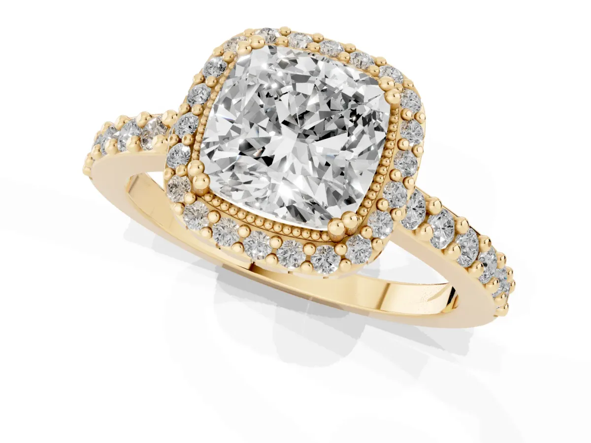 Cushion Cut Cut Diamond Halo Engagement Ring with Milgrain Detail and Pavé Band Yellow gold