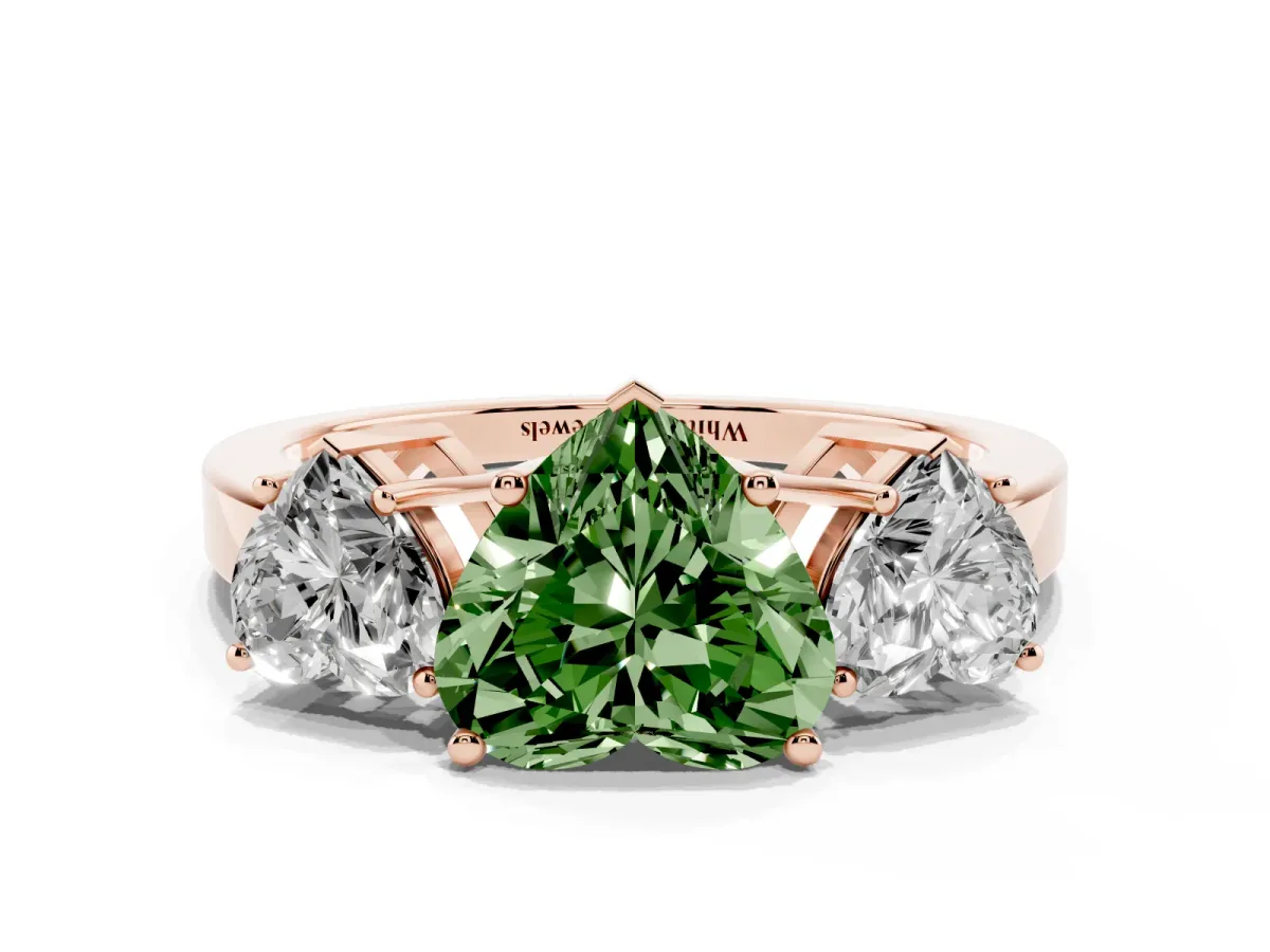 Fancy Green Three-Stone Heart Cut Cut Diamond Engagement Ring with Flat Band and Four-Prong Setting Rose gold