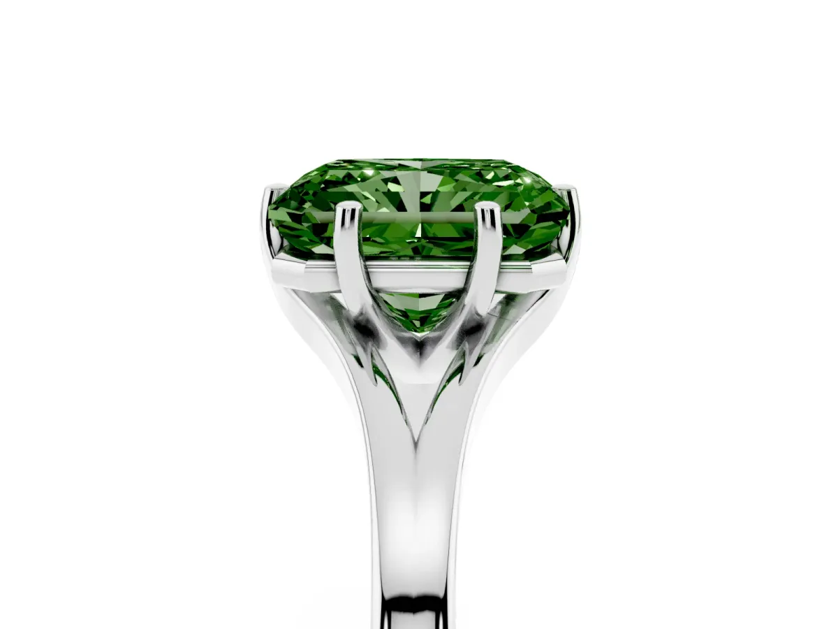 Fancy Green Radiant Cut Solitaire Diamond Ring with Six-Prong Setting and Tapered Band Silver