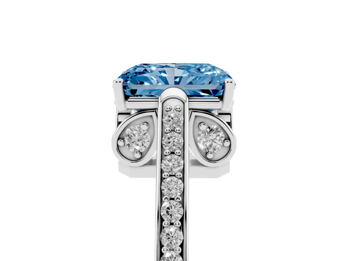 Fancy Blue Radiant Cut Cut Cathedral Pave Diamond Engagement Ring with Six-Prong Setting Silver