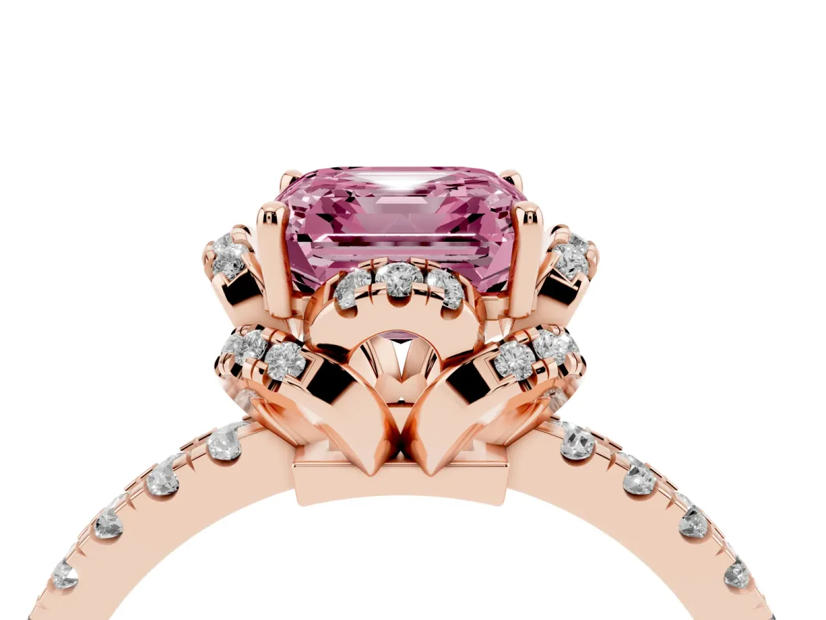 Fancy Pink Asscher Cut Halo Diamond Pave Band Ring with Four-Prong Setting Rose gold