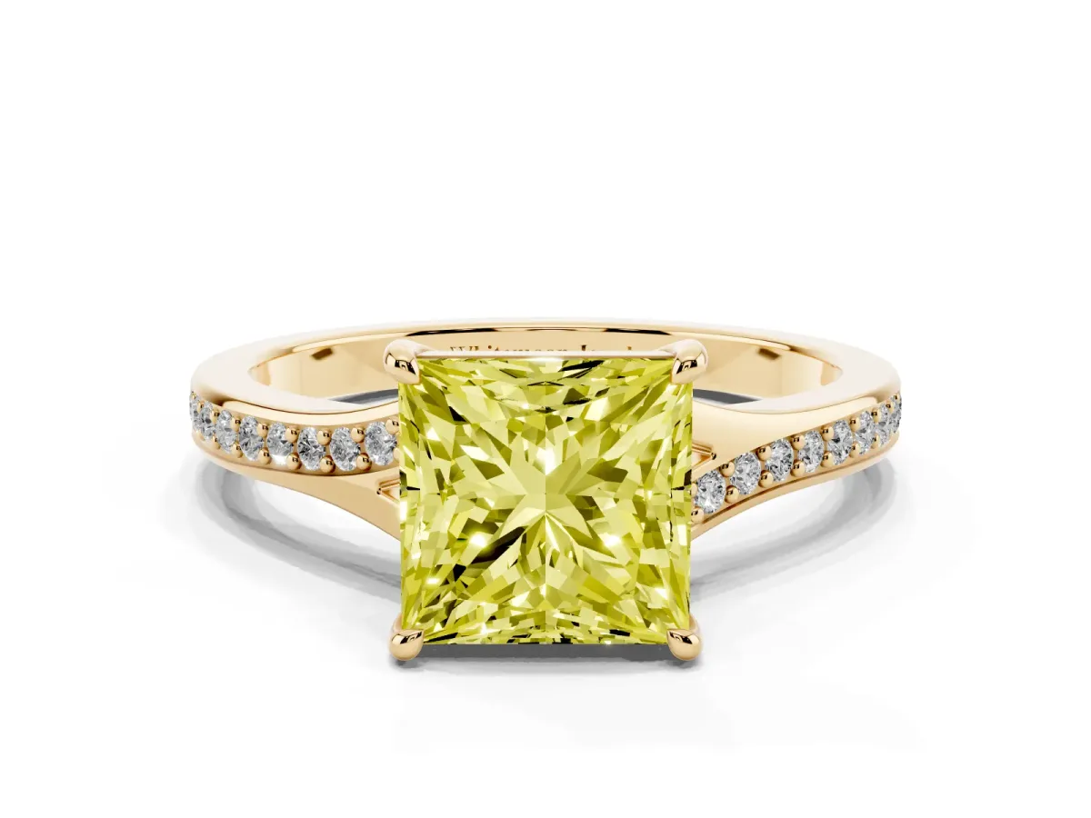 Fancy Yellow Princess Cut Diamond Solitaire Ring with Pavé Band and Prong Setting Yellow gold