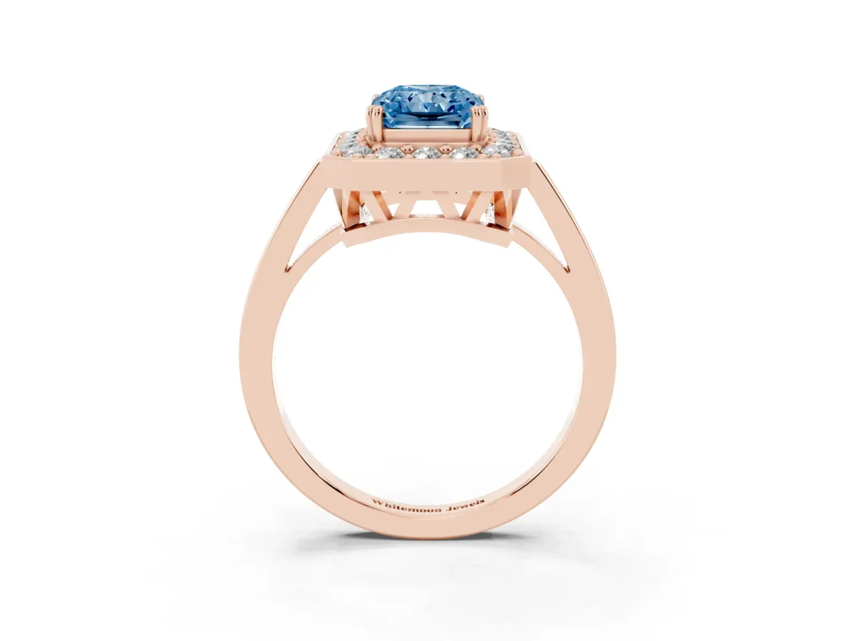 Fancy Blue Radiant Cut Diamond Halo Ring with Split Shank and Four-Prong Setting Rose gold