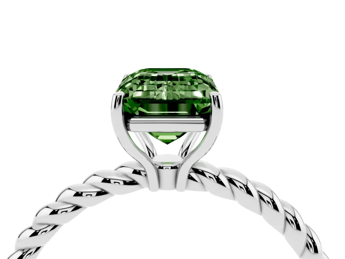Fancy Green Emerald Cut Solitaire Twisted Band 4-Prong Ring Silver