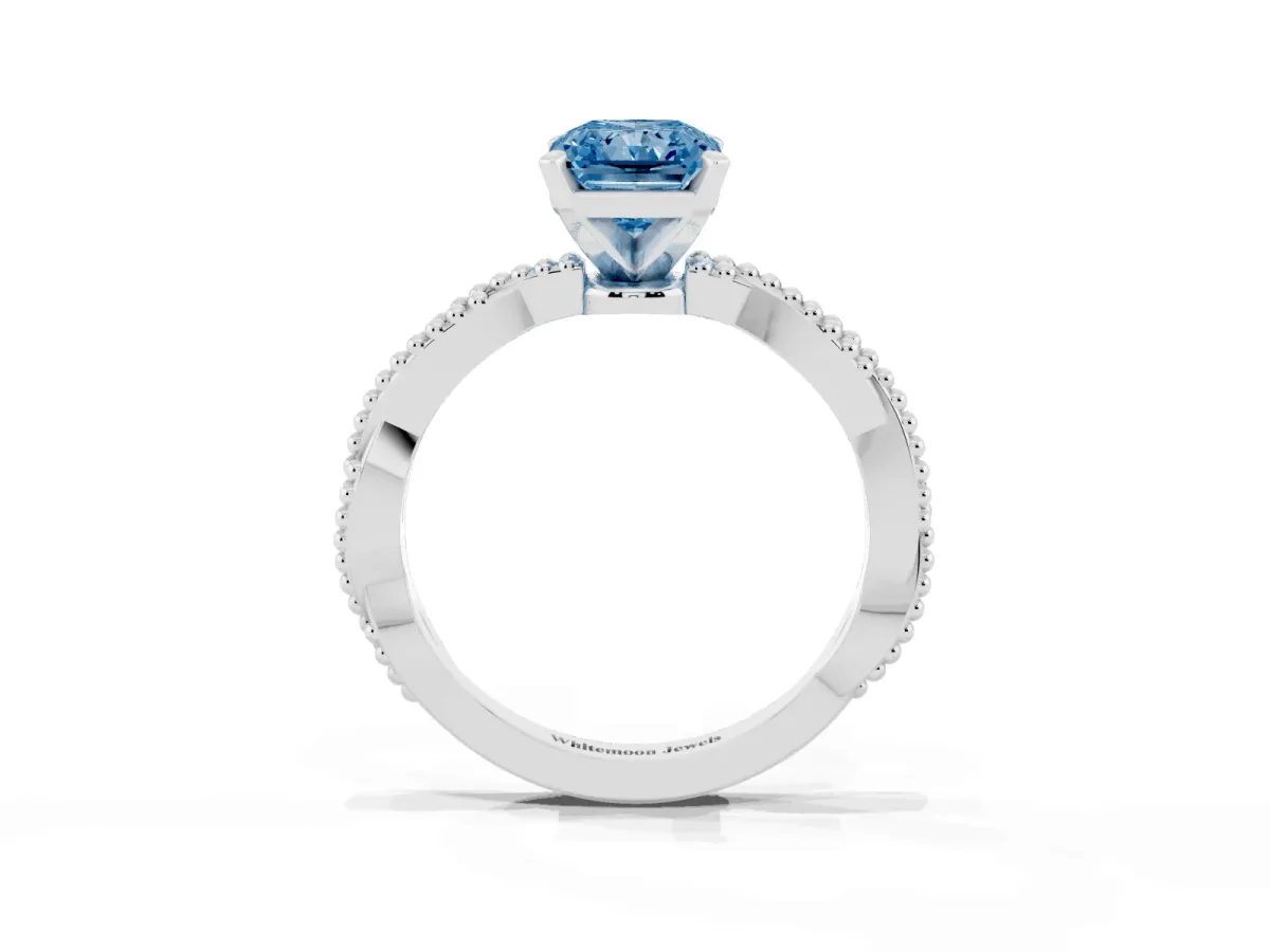 Fancy Blue Radiant Cut Solitaire Twisted Band with Bead Prong Setting Platinum
