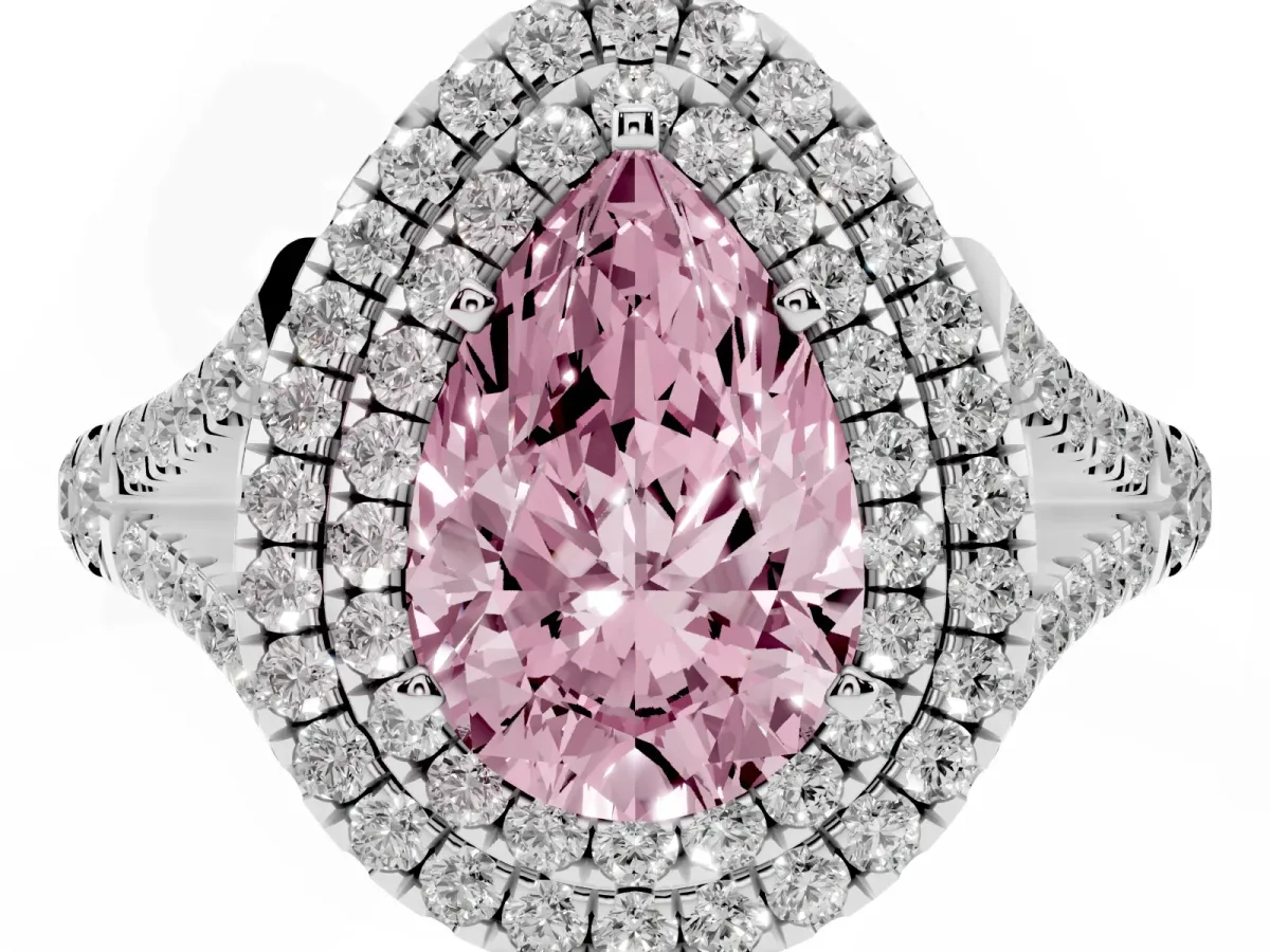 Fancy Pink Double Halo Pear Cut Diamond Split Shank Engagement Ring with Four-Prong Setting Silver