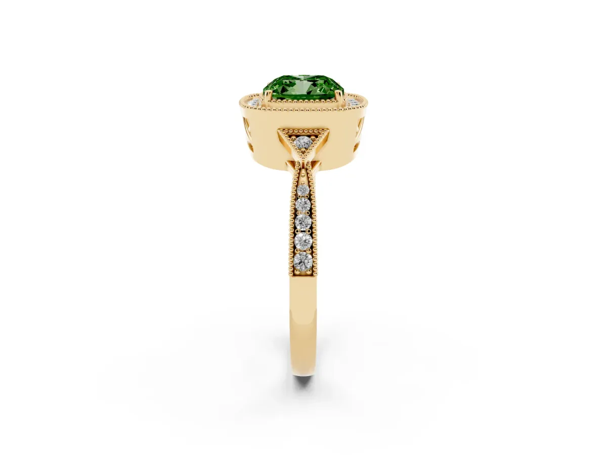 Fancy Green Cushion Cut Halo Round Diamond Milgrain Pave Engagement Ring Yellow gold