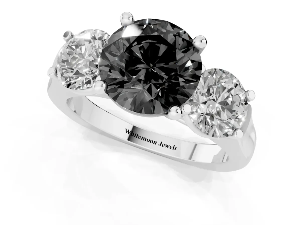 Fancy Black Three-Stone Round Cut Brilliant Diamond Trellis Ring with Comfort Fit Band Platinum
