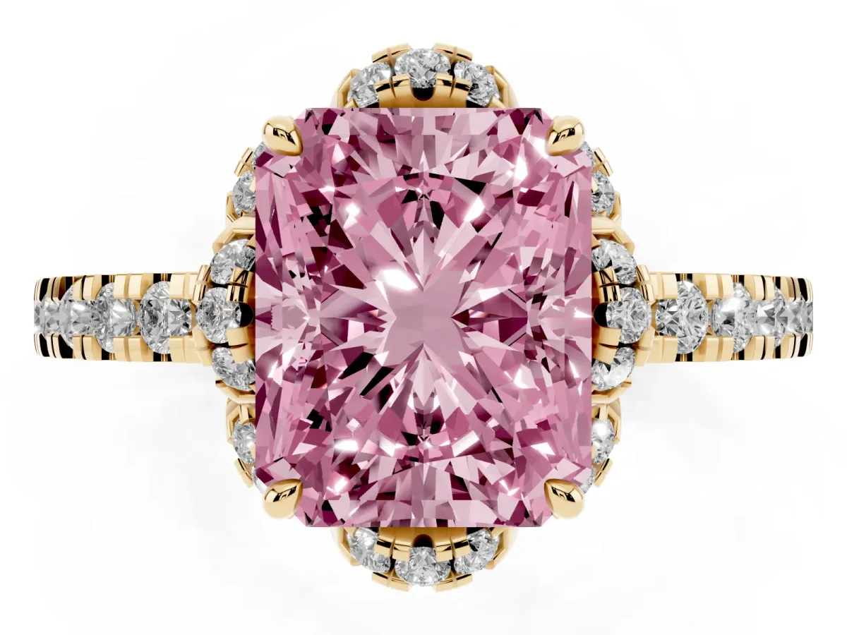Fancy Pink Radiant Cut Diamond Halo Pave Band with Four-Prong Setting Yellow gold