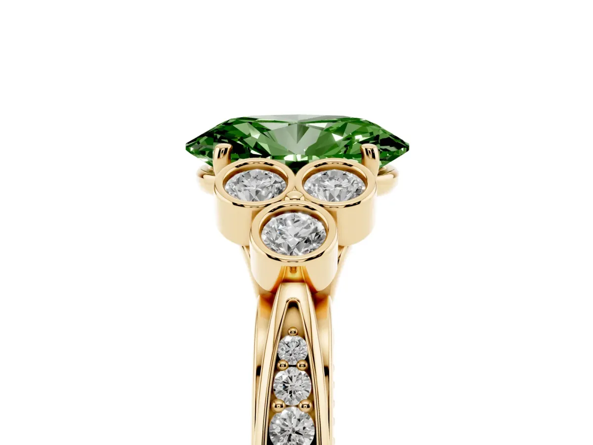 Fancy Green Oval Cut Cut Diamond Engagement Ring with Bezel Set Round Side Stones and Prong Setting Yellow gold