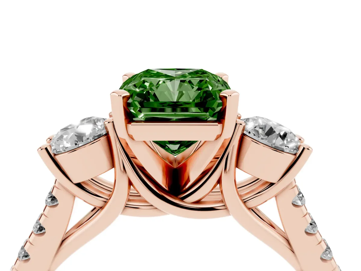 Fancy Green Three-Stone Radiant Cut Diamond Pavé Band with Four-Prong Setting Rose gold