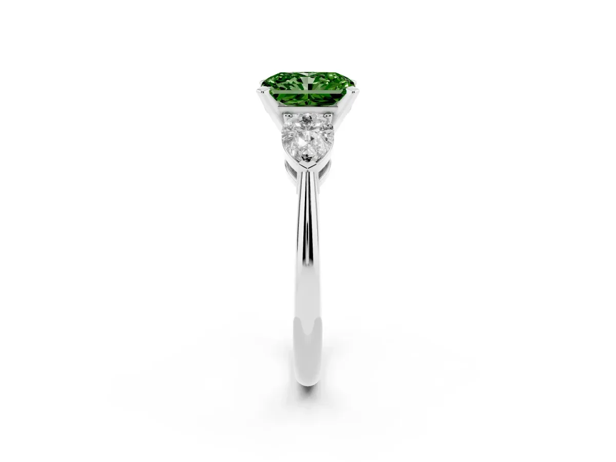 Fancy Green Three-Stone Radiant Cut Diamond Ring with Pear Side Stones and Four-Prong Setting Silver