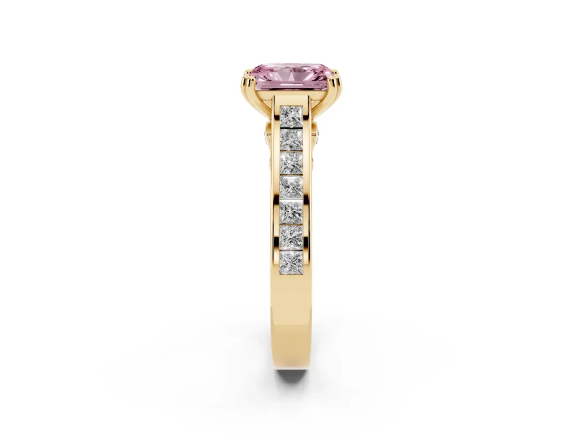 Fancy Pink Radiant Cut Cut Channel Set Solitaire Engagement Ring with Prong Setting Yellow gold