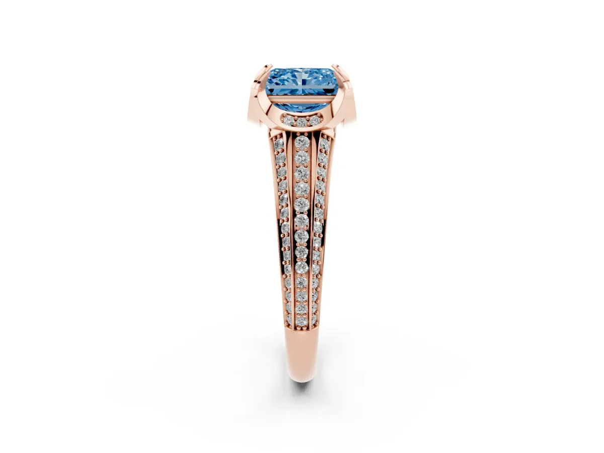 Fancy Blue Radiant Cut Solitaire Pave Split Shank Ring with Four-Prong Setting Rose gold