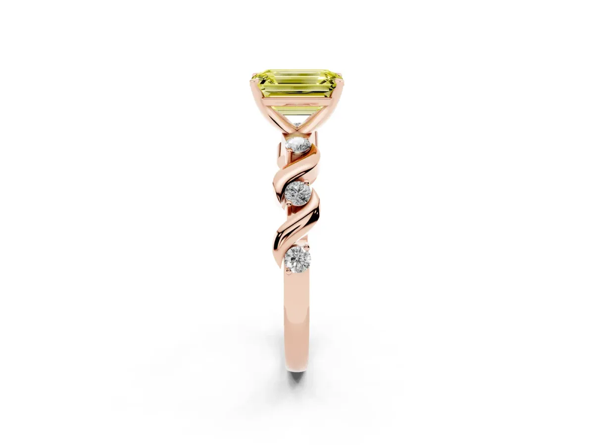Fancy Yellow Emerald Cut Diamond Solitaire Twisted Band with Round Accents and Prong Setting Rose gold