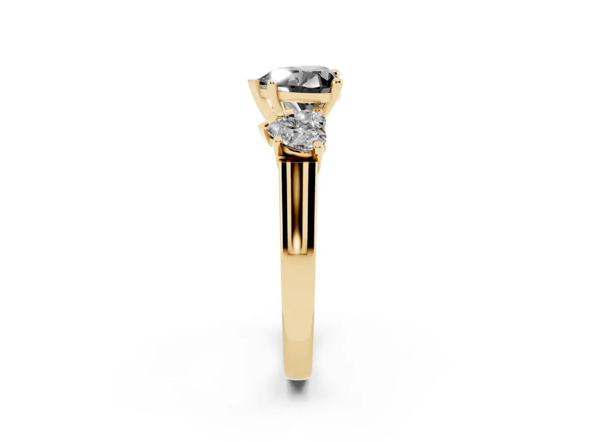 Fancy Black Three-Stone Heart Cut Brilliant Diamond Trellis Ring with Comfort Fit Band Yellow gold