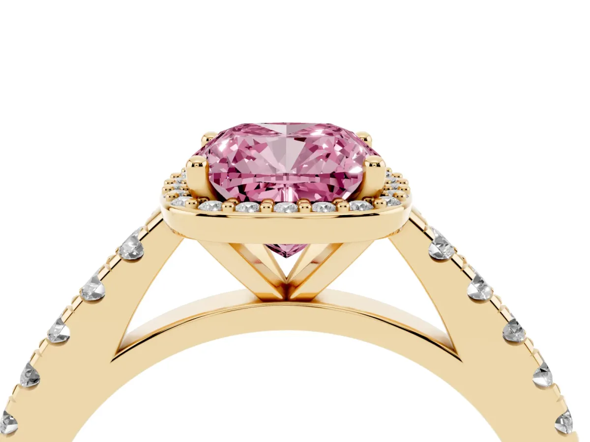 Fancy Pink Cushion Cut Cut Halo Diamond Engagement Ring with Pave Band and Four-Prong Setting Yellow gold