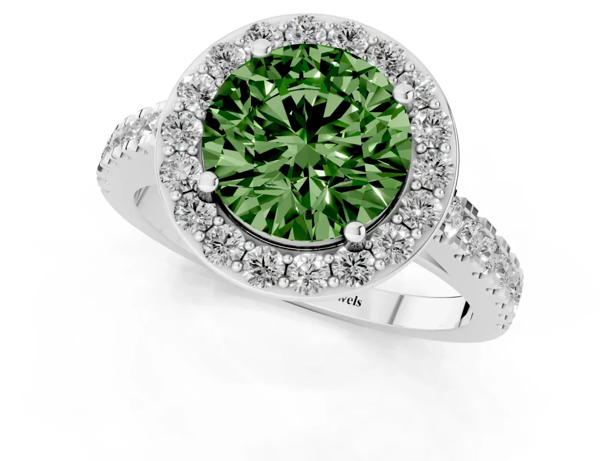Fancy Green Round Cut Diamond Halo Ring with Round Pavé Split Shank and Prong Setting Silver