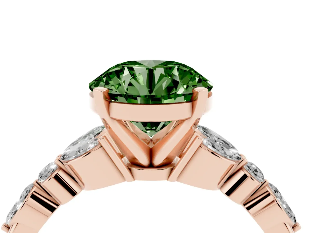Fancy Green Round Cut Diamond Solitaire Ring with Side Stones and Four-Prong Setting Rose gold