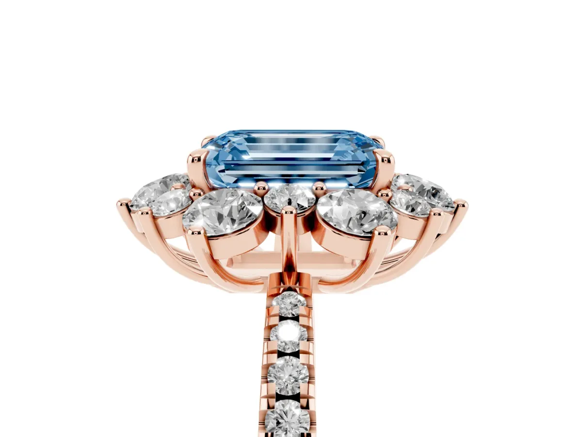 Fancy Blue Emerald Cut Diamond Floral Halo Ring with Round Pavé Band and Prong Setting Rose gold