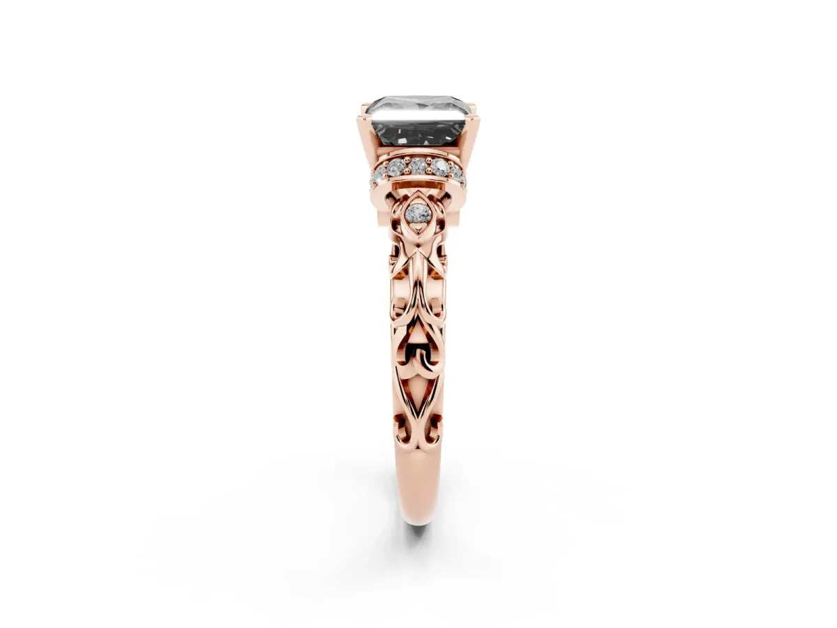 Fancy Black Princess Cut Diamond Solitaire Ring with Filigree Band and Four-Prong Setting Rose gold