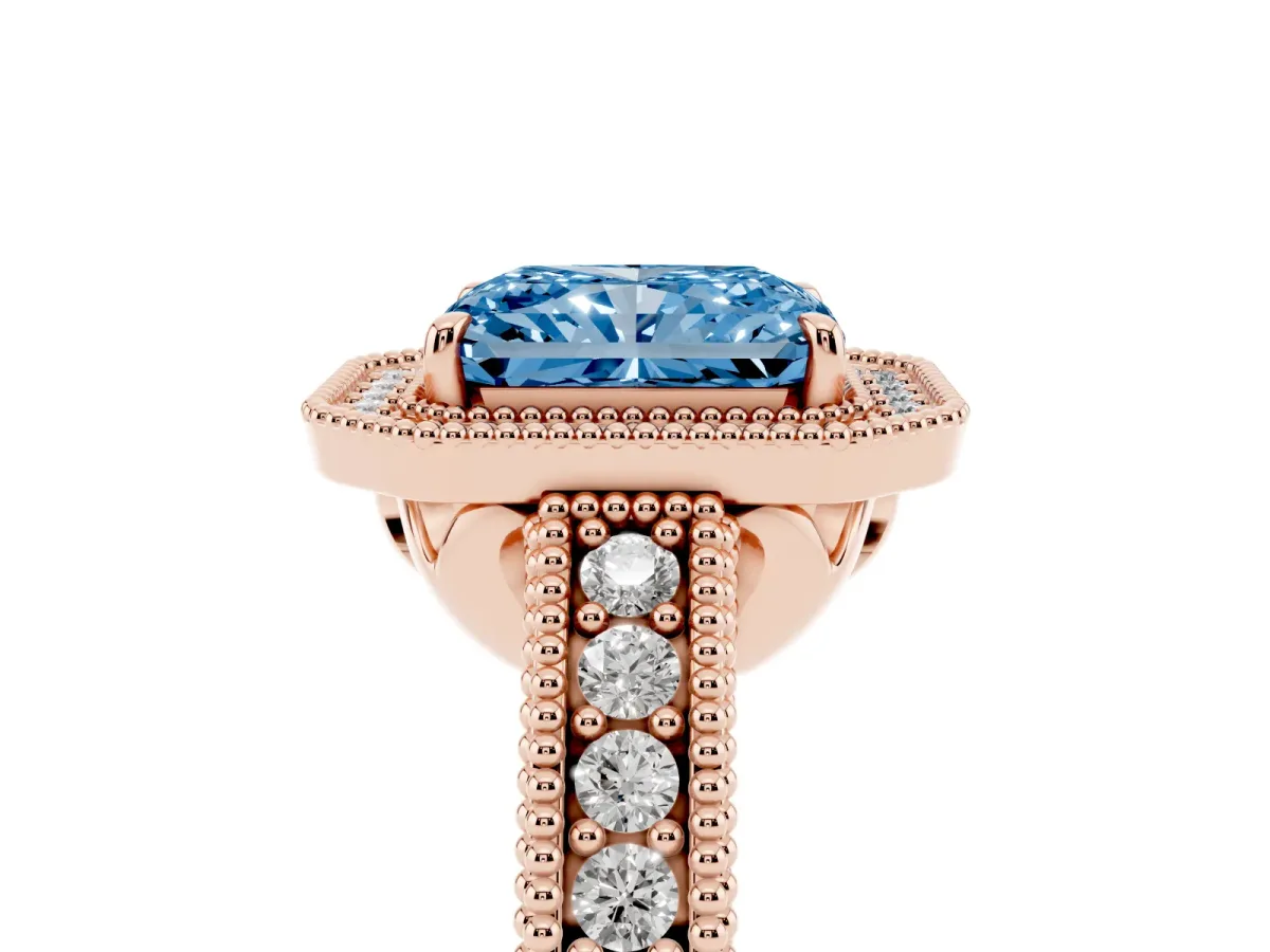 Fancy Blue Radiant Cut Cut Halo Diamond Ring with Pavé Band and Four-Prong Setting Rose gold