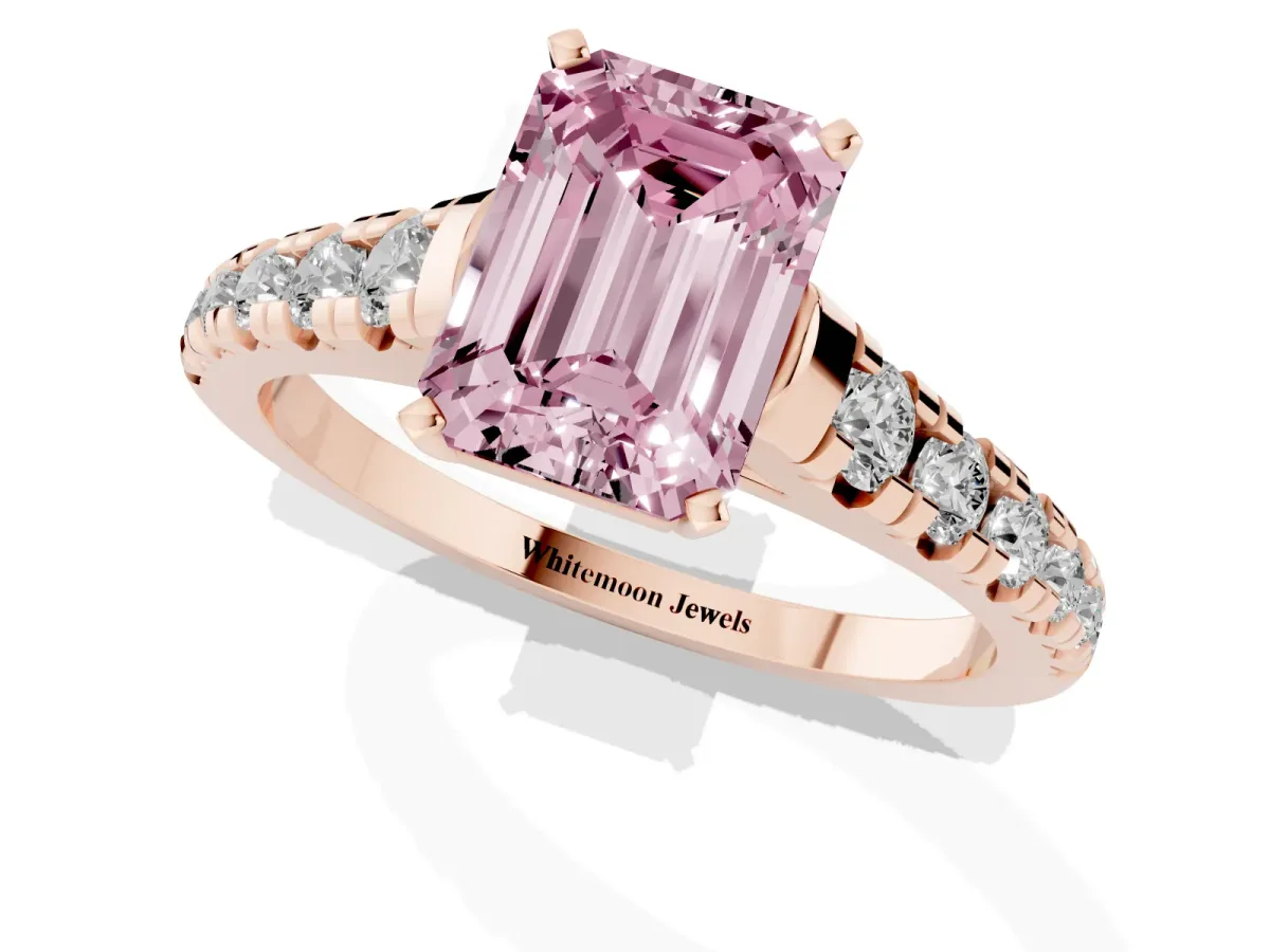 Fancy Pink Emerald Cut Diamond Cathedral Solitaire Ring with Round Pavé Band Rose gold