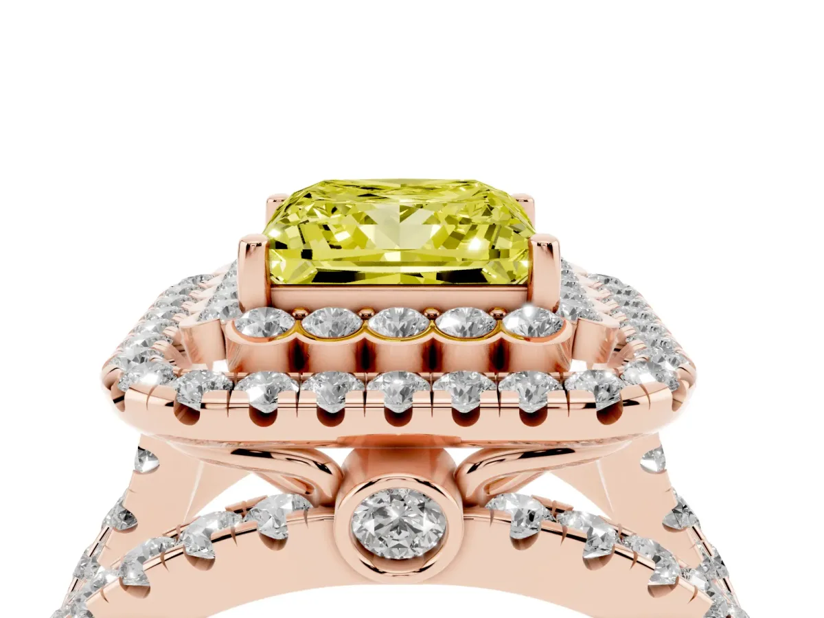 Fancy Yellow Princess Cut Diamond Double Halo Ring with Round Pavé Split Shank and Prong Setting Rose gold
