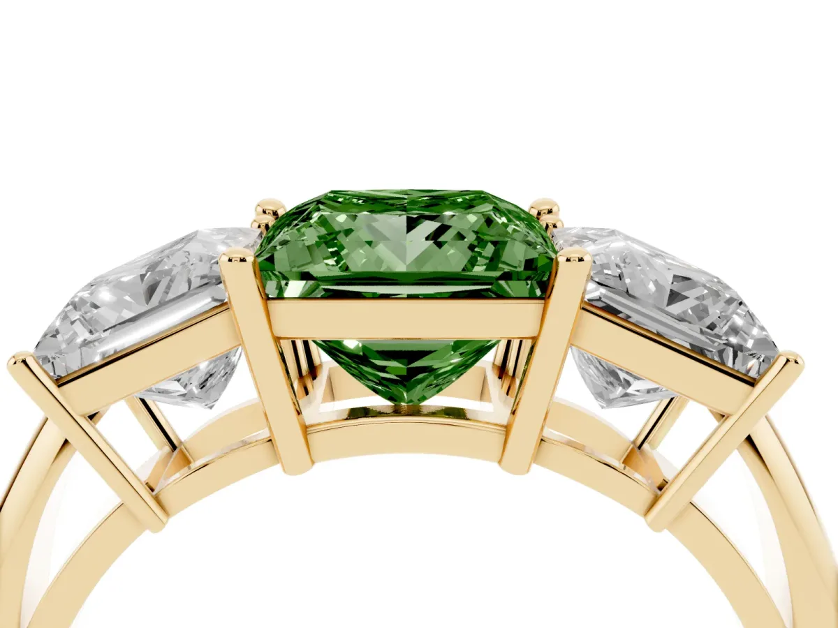 Fancy Green Three-Stone Princess Cut Cut Diamond Engagement Ring with Prong Setting on a White Gold Band Yellow gold