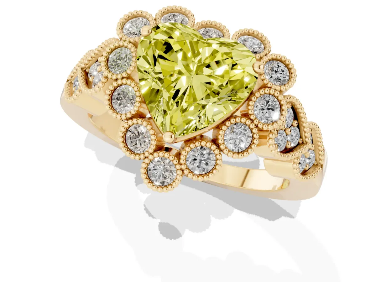 Fancy Yellow Heart Cut Brilliant Milgrain Pave Heart Band Solitaire Ring Yellow gold