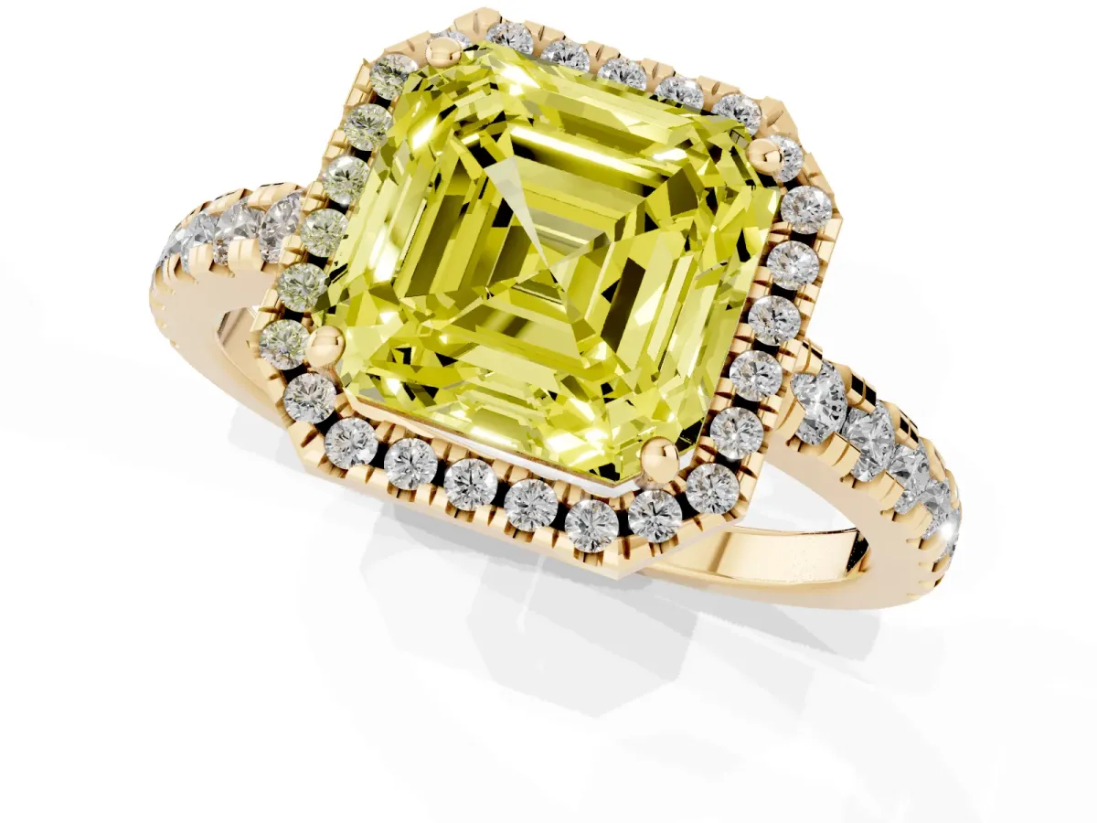 Fancy Yellow Asscher Cut Diamond Halo Ring with Pavé Band and Four-Prong Setting Yellow gold