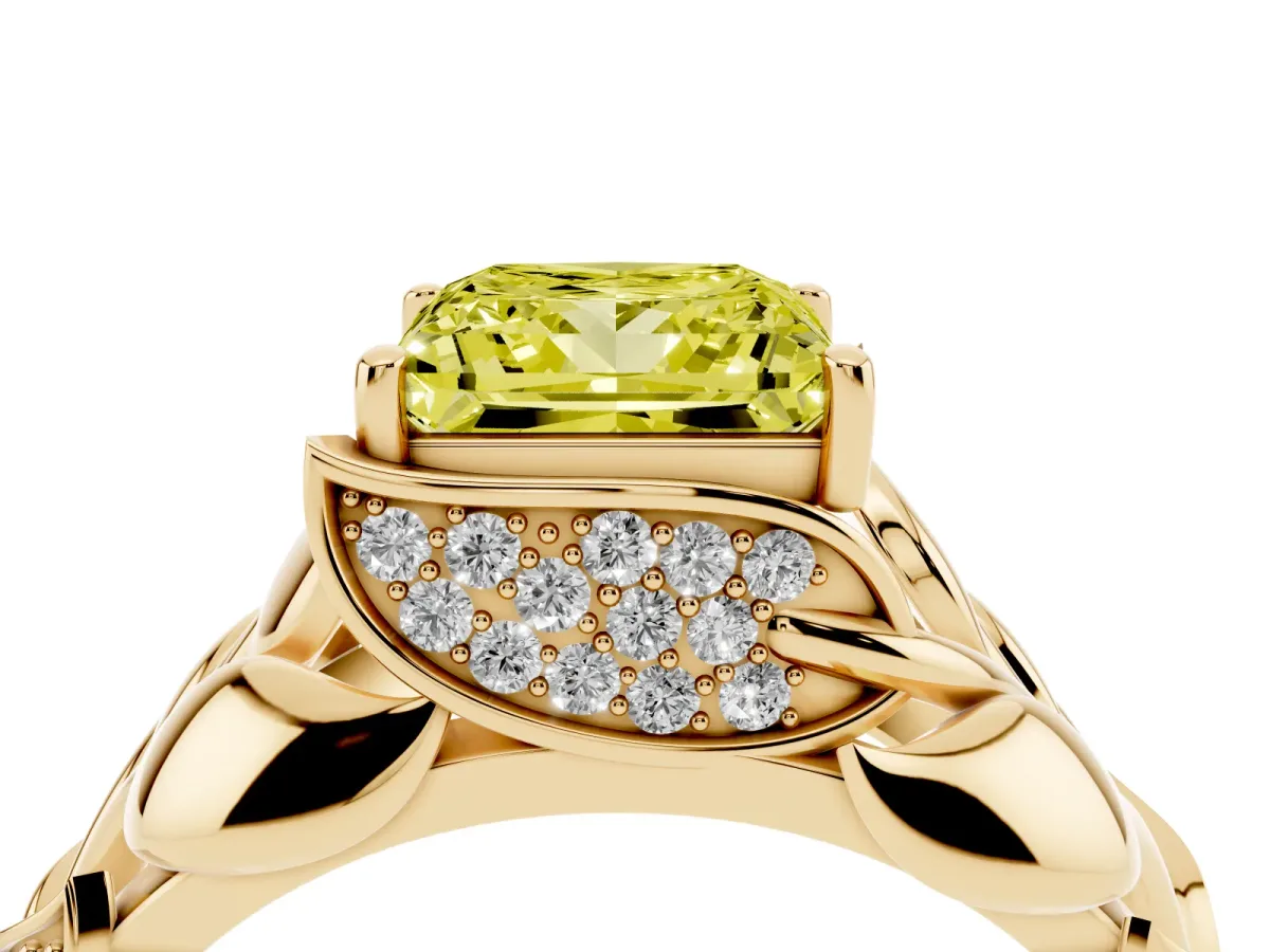 Fancy Yellow Princess Cut Diamond Leaf-Inspired Engagement Ring with Round Accents and Prong Setting Yellow gold