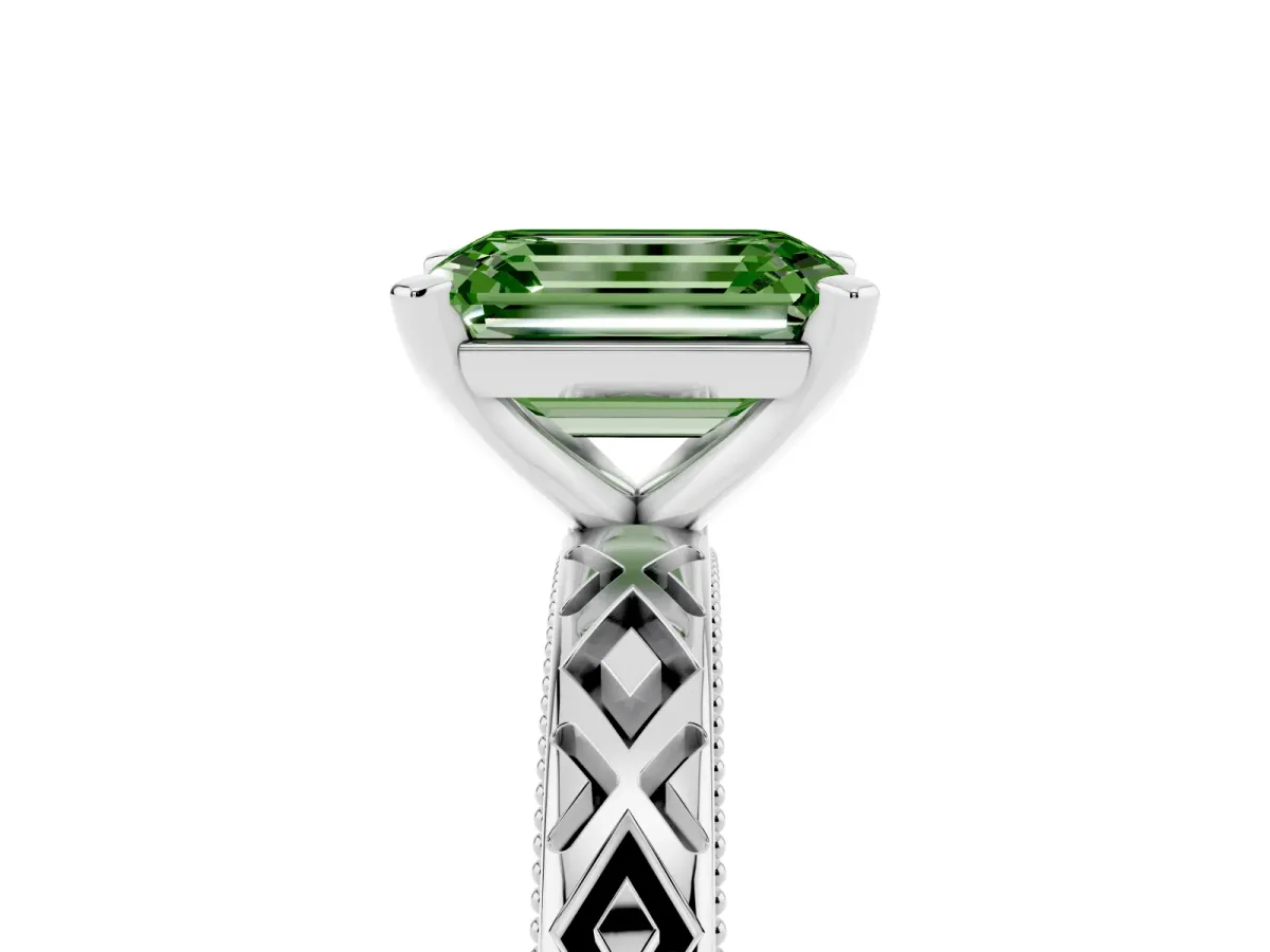 Fancy Green Emerald Cut Solitaire Diamond Ring with Milgrain and Black Enamel X Pattern Band Silver