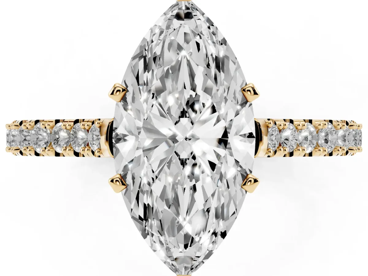 Marquise Cut Cut Solitaire Diamond Engagement Ring with Pave Band and Four-Prong Setting Yellow gold