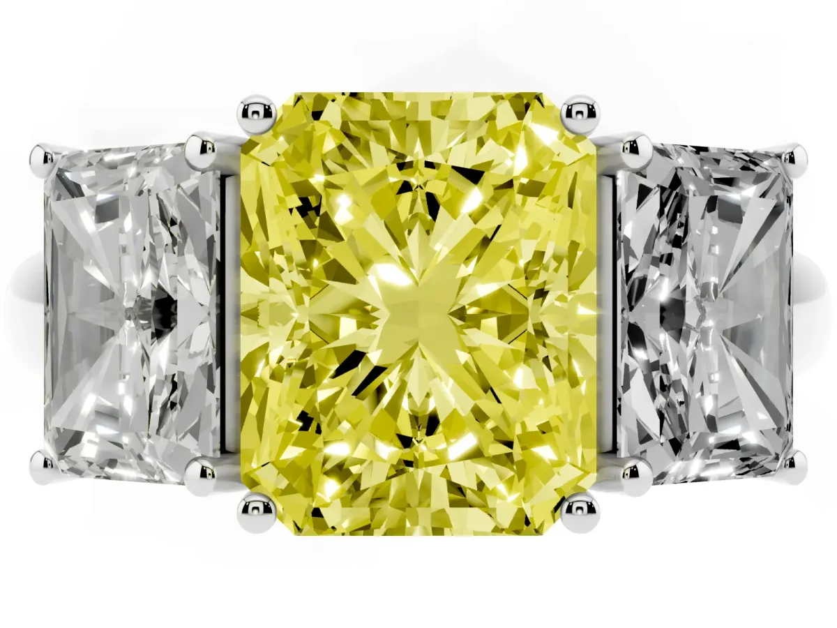 Fancy Yellow Three-Stone Radiant Cut Diamond Engagement Ring with Prong Setting Platinum
