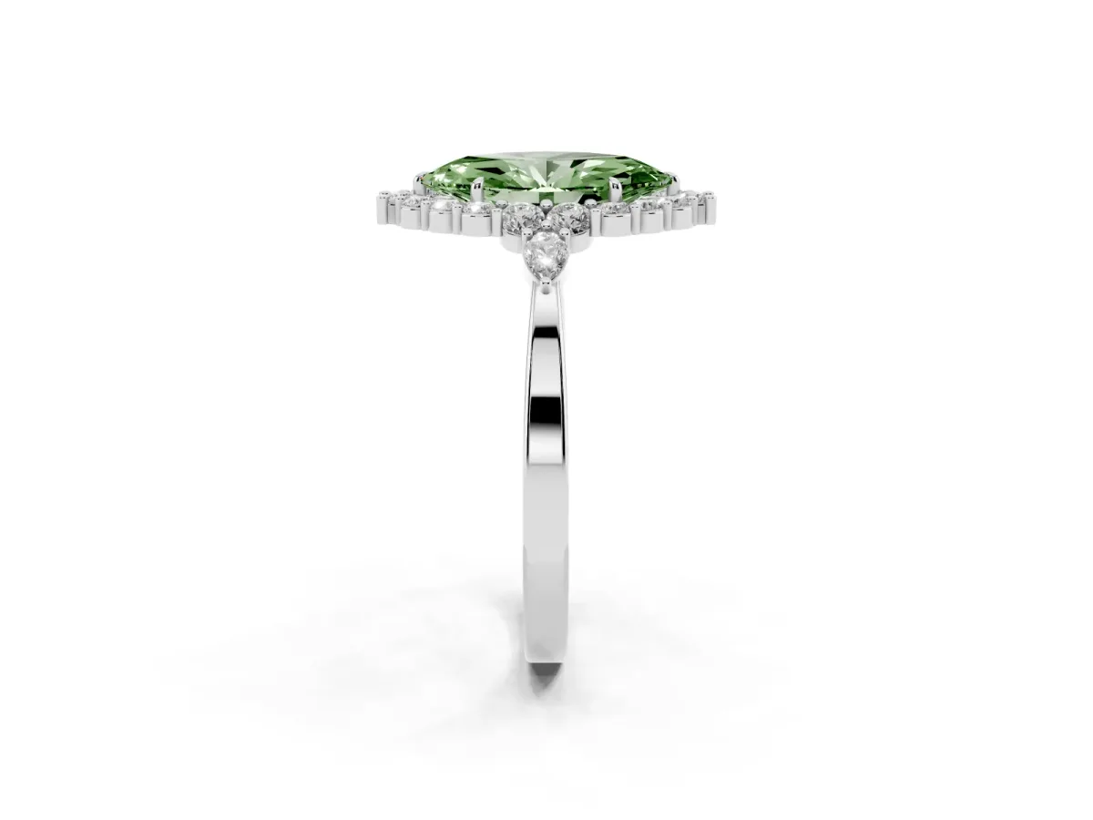 Fancy Green Marquise Cut Diamond Halo Ring with Pear Side Stones and Prong Setting Silver