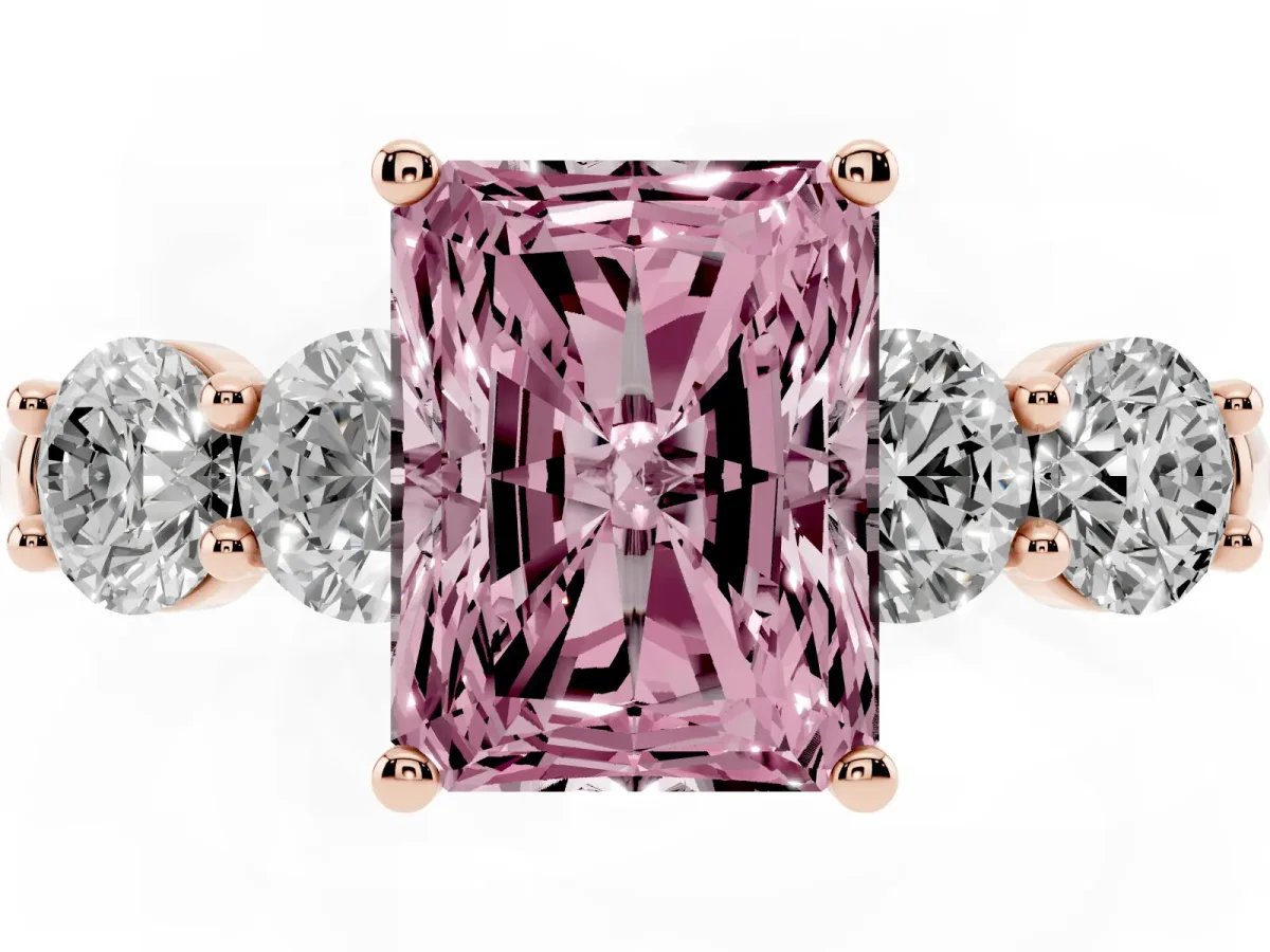 Fancy Pink Radiant Cut Cut Five-Stone Prong Set Diamond Ring with Classic Band Rose gold