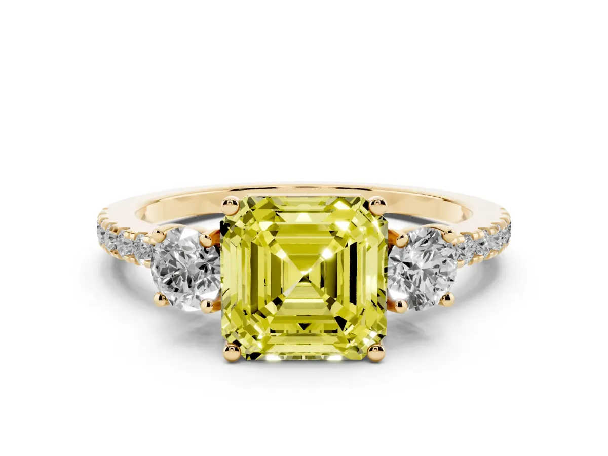Fancy Yellow Three-Stone Asscher Cut Cut Diamond Pavé Band with Prong Setting Yellow gold