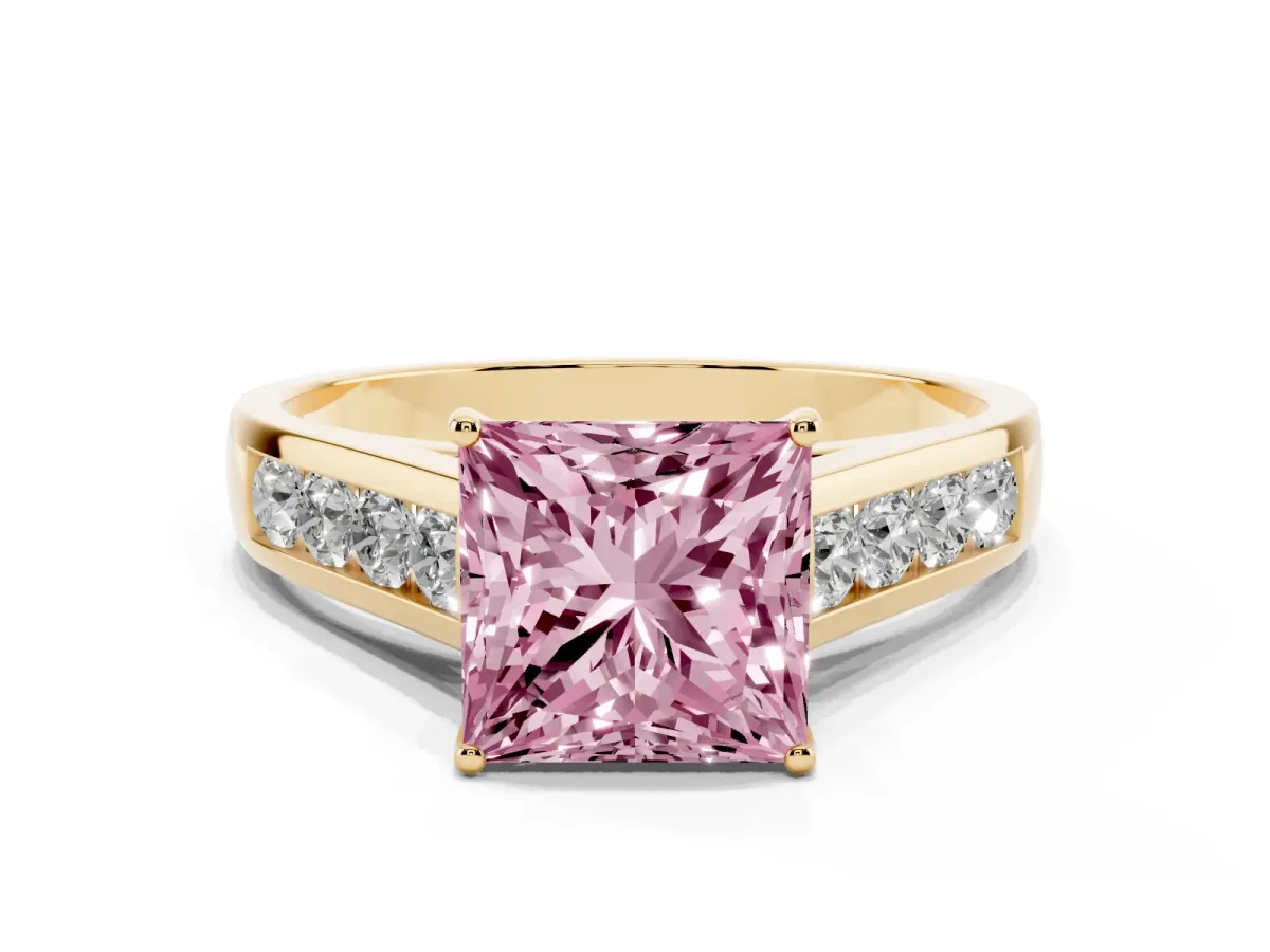 Fancy Pink Princess Cut Solitaire Channel-Set Diamond Engagement Ring with Four-Prong Setting Yellow gold